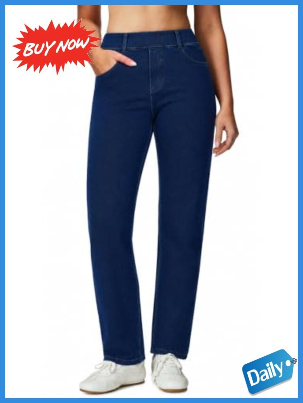 Stretchy Pull On Straight Leg High Waist Jeans Tummy Control Pants